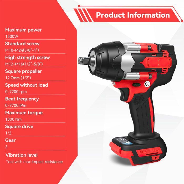 Llave de impacto inalámbrica de 21 V, destornillador de impacto eléctrico de 1800 Nm, 7200 RPM, con luz LED, 2 baterías para el hogar, el coche y el bricolaje.