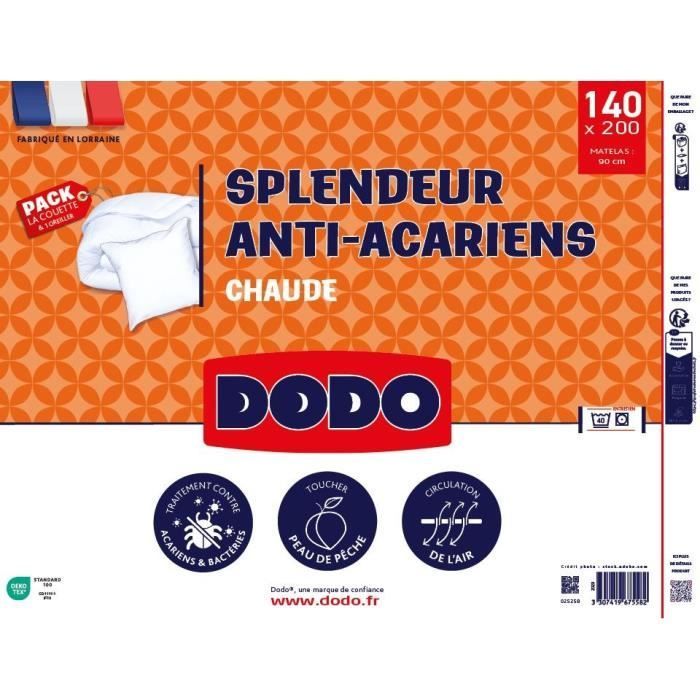 Juego de edredón DODO Warm Anti-Dust Ate 140x200 cm + 1 almohada 60x60 cm - Splendor - Relleno 100% Volupt'air 350gr/m² - Blanco