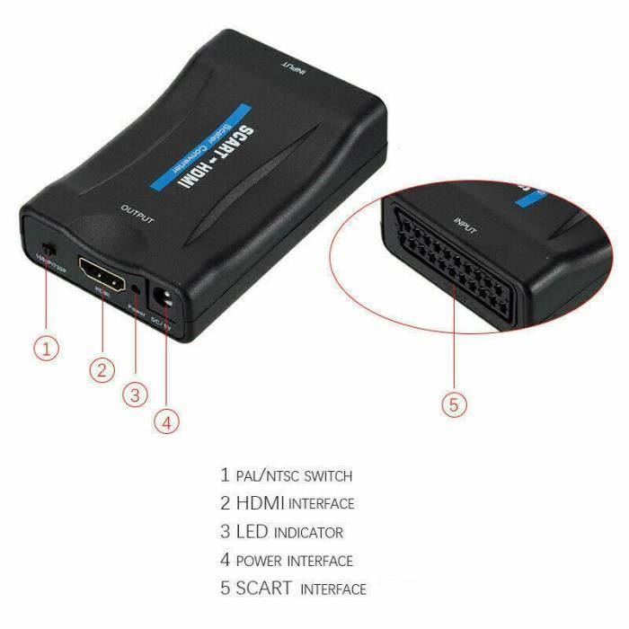 Adaptador convertidor SCART a HDMI - 1080P - Plug and Play - Negro - Alta calidad