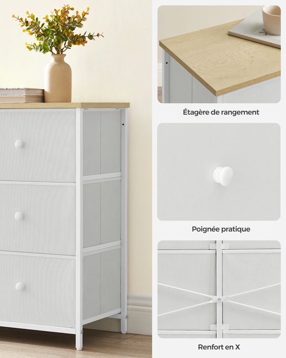 Cómoda SONGMICS, unidad de almacenamiento con 6 cajones de tela, cajonera con estructura metálica, tapa, blanco y roble.