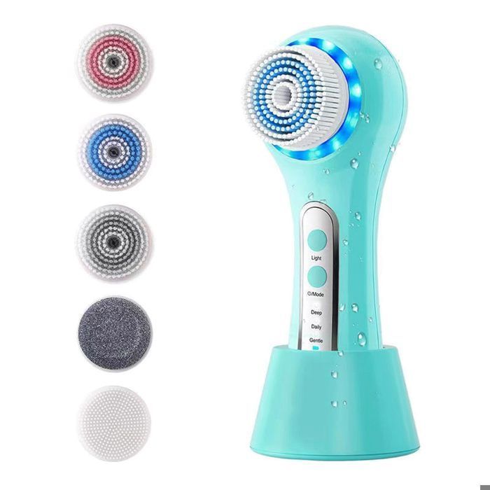 Cepillo facial exfoliante recargable e impermeable, con 5 cabezales para una exfoliación y limpieza profunda - Azul