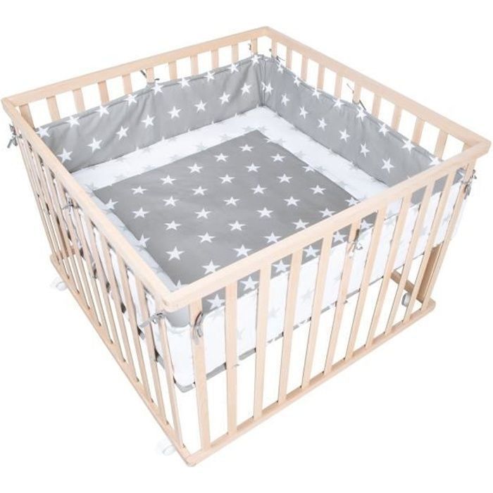 Parque infantil ROBA de 100 x 100 cm con móvil de madera maciza + protector de parque infantil gris estrellado - Altura regulable - Natural
