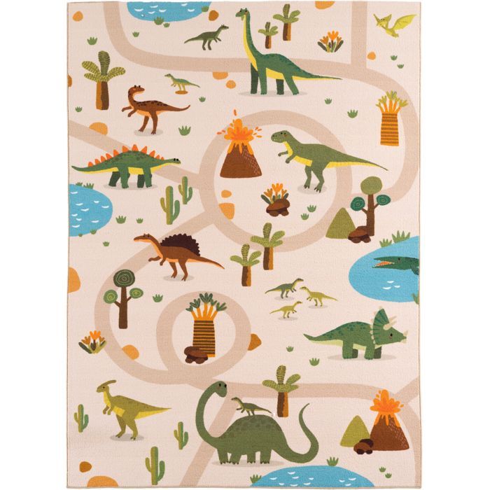 Carpetsale24 Tapis Enfant 80x150 cm Dinosaures Beige Motif Dino avec Routes Tapis de Jeu Chambre Enfant ideal petits espaces