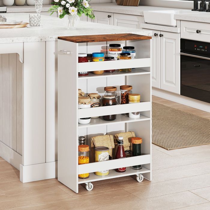 Carrinho de Cozinha Estreito GIANTEX com Rodas e Freios - 47,5x25x80,5cm - Carrinho de Servir com 4 Prateleiras e Alça - Branco + Marrom