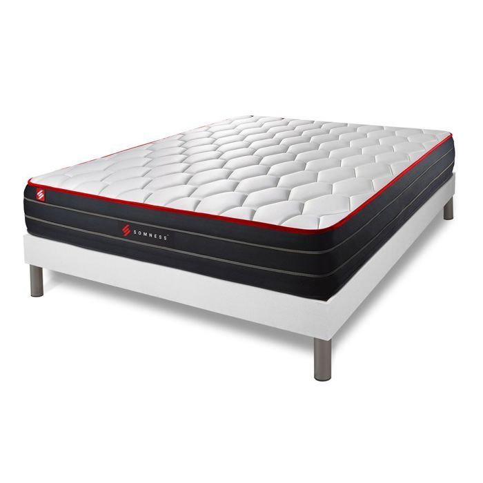 Colchón BOOST de muelles ensacados y espuma viscoelástica de 200 x 200 cm + base de cama blanca de 200 x 200 cm.