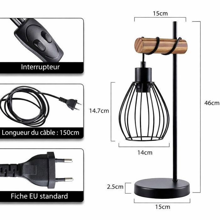 Nettlife Lampe de Table Industrielle Bois & Métal Noir, Cage, pour Salon/Chambre/Bureau/Cuisine