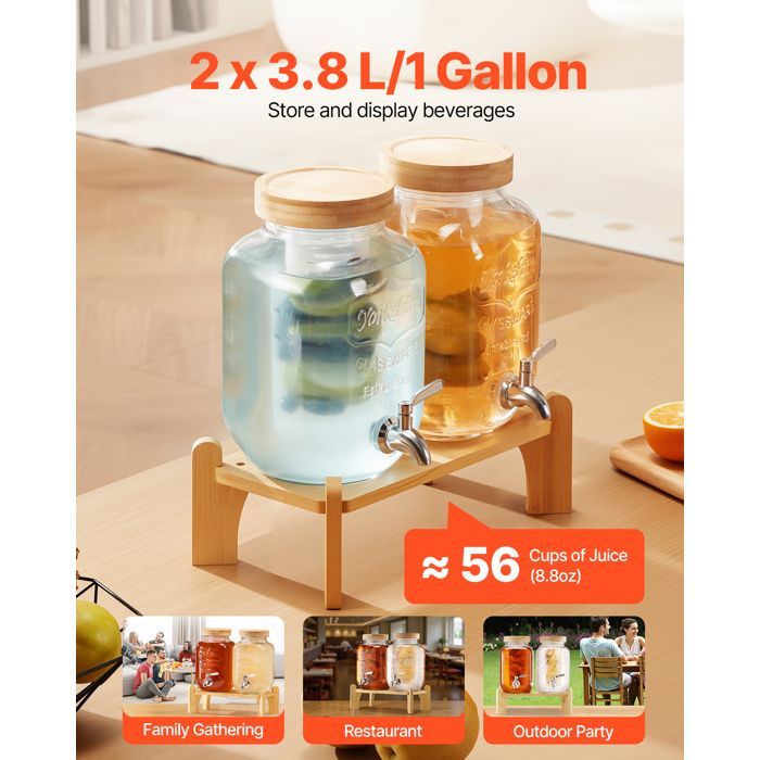 Distributore di bevande VEVOR - Capacità 3,8 litri, confezione da 2 - Fontana d'acqua in vetro - Eroga acqua, succo di frutta, limonata, tè freddo