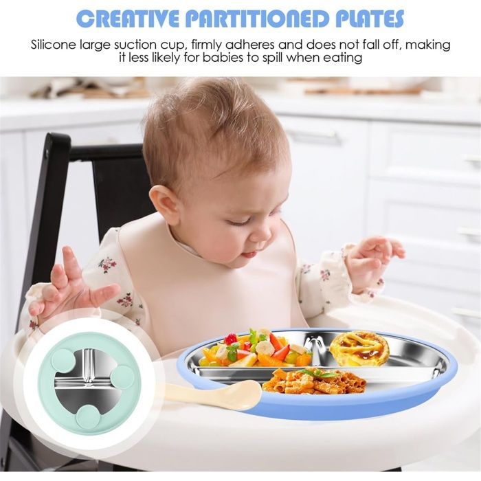 Set of 2 Suction Cup Baby Plates, Stainless Steel Baby Plates with Suction Cups for Babies and Toddlers