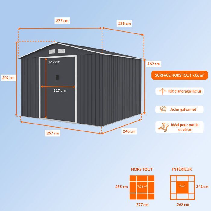 7,06 m² Metalen tuinschuur - 277 x 255 x 202 cm - MERCURE - Inclusief verankeringsset, 2 schuifdeuren - Grijs