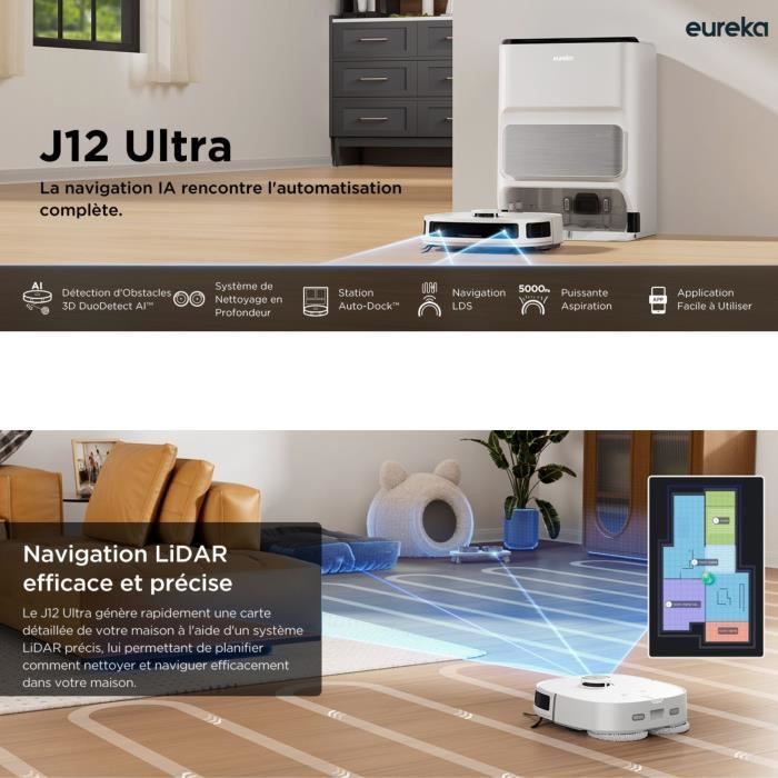 EUREKA J12 Ultra - Robotstofzuiger en dweilrobot met automatisch leegstation - Draaiende dweil - Dubbele LiDAR-navigatie