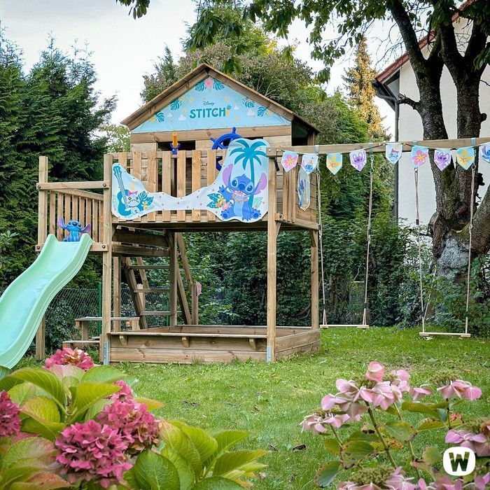 WICKEY Disney Quest Lilo & Stitch Speelzone – 220 cm glijbaan, schommel en klimwand – 10 jaar garantie*