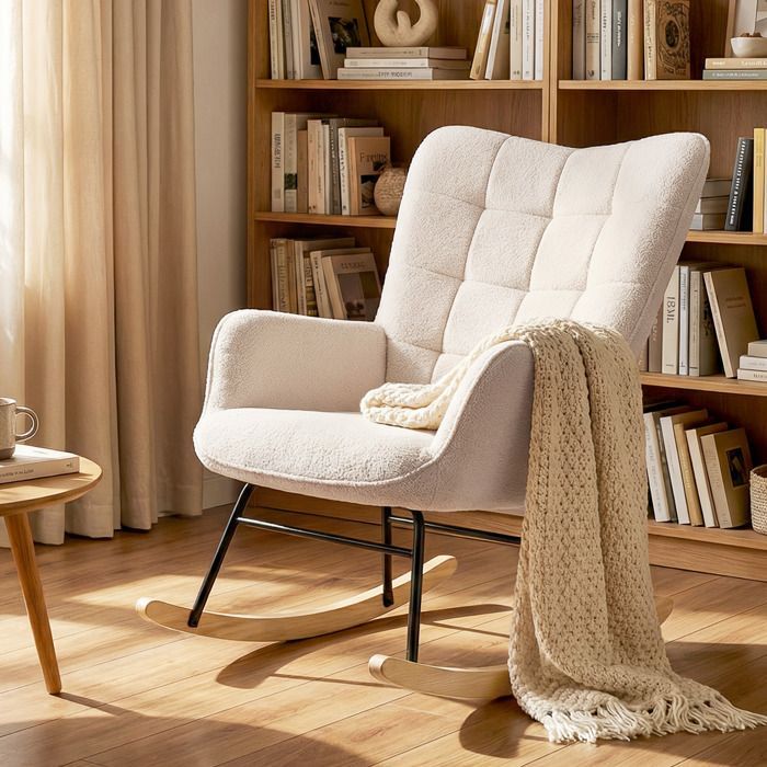 Fauteuil à bascule - HOMCOM - revêtement effet laine bouclée - structure en acier - pieds en bois massif - beige