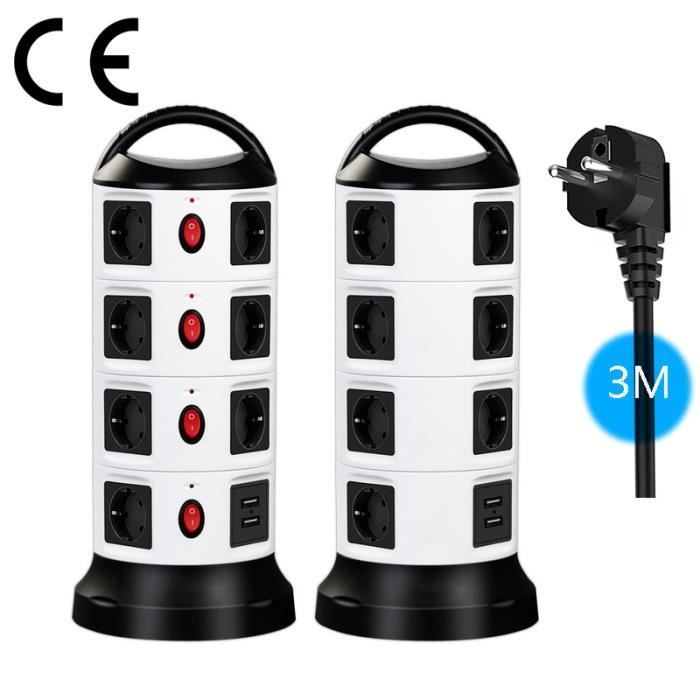 Regleta de enchufes 3M con protección contra sobretensiones, pararrayos, seguridad infantil, 20 tomas de corriente, 2500 W, 4 puertos USB.