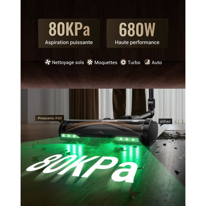 Proscenic Aspirateur balai sans fil P20 -Sec/Humide -80kPa -Réglage automatique de la puissance -70Min -Auto-Portant -GreenEye