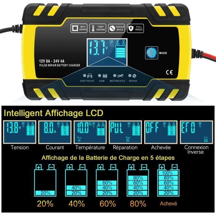 Cargador de batería inteligente de 12V/24V 8A, cargador de batería de 3 etapas, mantenedor y función de reparación automática para automóviles.