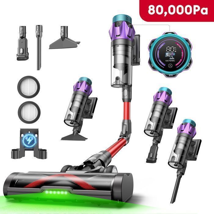 Cordless Stick Vacuum Cleaner - ULTENIC - UU18 Power Pro - 80 kPa | 600 W | 150 AW - 80 min Runtime - Removable Battery