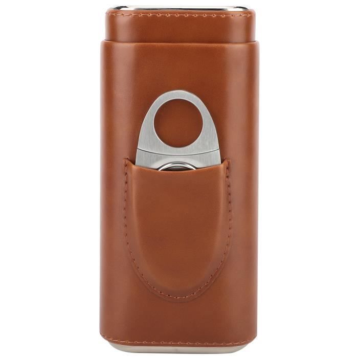 Estuche portátil de cuero para puros con cortador de puros de madera de cedro (para 3 puros oscuros) - GUA