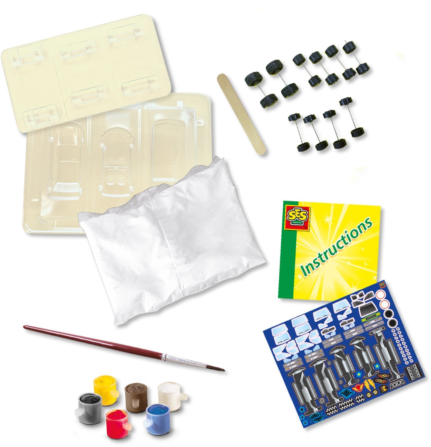 Vormgeven en schilderen - SES Creative - Hobby Blue - Auto's - Stimuleert de creativiteit - Inclusief 6 kleuren verf - Leeftijd: 5+