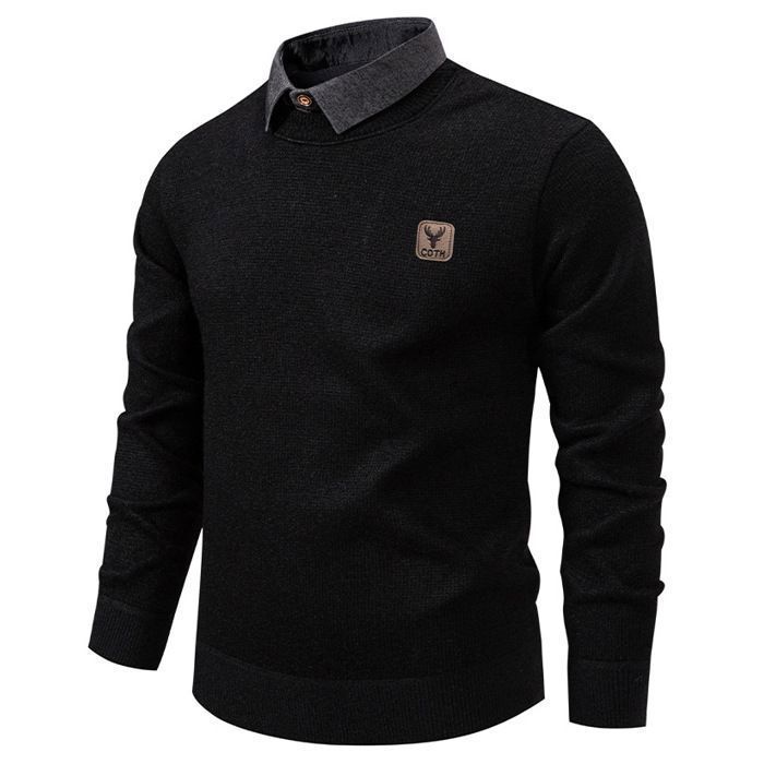 Maglione da uomo lavorato a maglia con colletto foderato in pile, caldo pullover a maniche lunghe, colore a contrasto - Nero