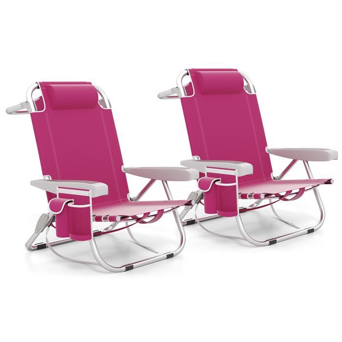 Set of 2 COSTWAY Folding Camping Chairs, 5 Adjustable Positions, Headrest, Side Pockets, Towel Holder, Straps, Pink