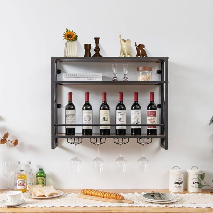 COSTWAY Casier à Vin Mural Industriel à 3 Niveaux avec Porte-gobelet en Métal, Étagère de Rangement pour Cuisine Bar Salle à Manger