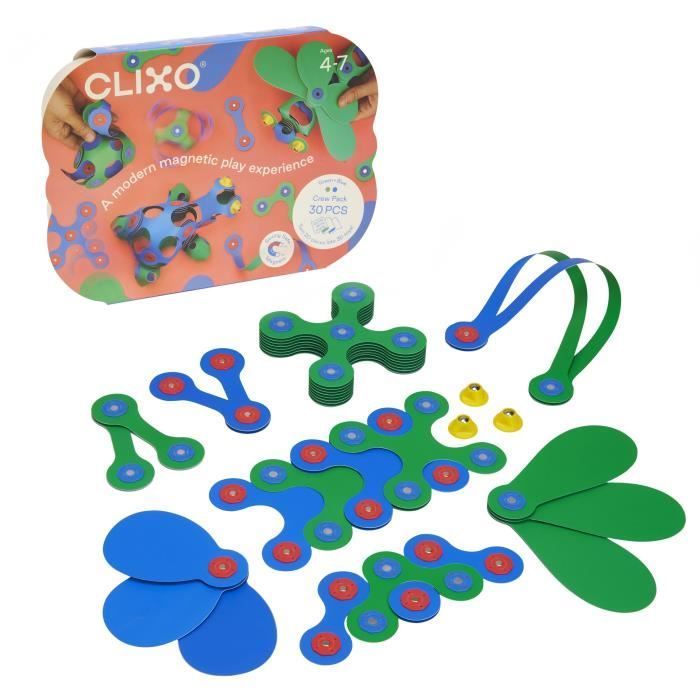 CLIXO Crew Pack - Blu/Verde - GIPSY TOYS - Set di costruzioni magnetico, flessibile, resistente e fantasioso - 30 pezzi - Età 4+