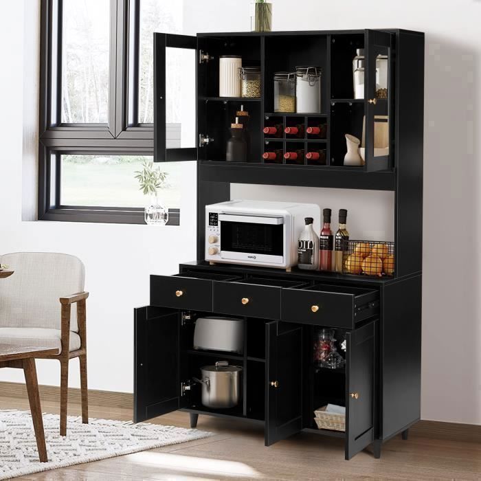 Buffet de Cuisine - VOWNER - Vaisselier, Armoire de Cuisine, Buffet Salon Rangement, 5 Étagères Réglables - 5 Placards - Noir