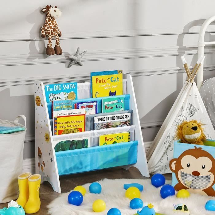 Estantería infantil SONGMICS, estante de almacenamiento para libros, con kit antivuelco, 62,5 x 28 x 60 cm, estampado espacial, blanco.