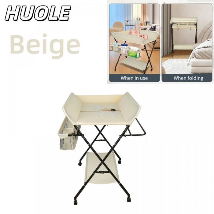 TABLE - Table à langer beige avec panier de rangement et porte-vêtements - Hauteur réglable - 80*66*98 cm - HUOLE
