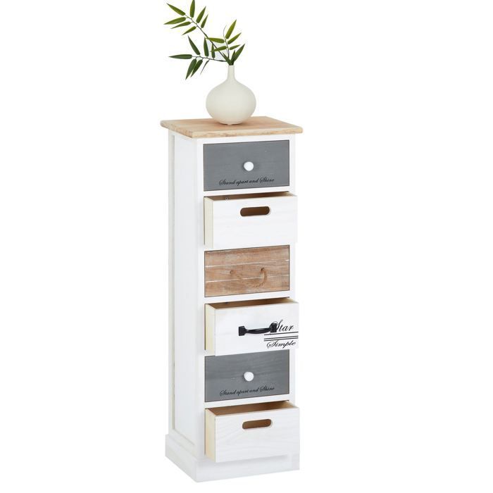 Chiffonnier SALVA petite commode avec 6 tiroirs en bois de paulownia style shabby chic vintage rustique blanc