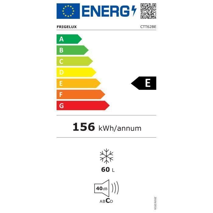 Minicongelador FrigeluX CTT62BE – 60 L – 2 gavetas + 1 porta basculante – Classe energética E – 40 dB – Porta reversível