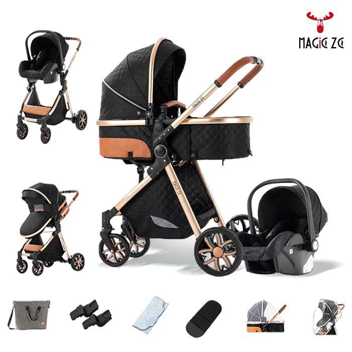 Carrinho de bebê MagicZC, modelo trio, 3 em 1, para recém-nascidos, dobrável, com encosto ajustável e bolsa para a mãe, para crianças de 0 a 4 anos, nas cores dourado e preto.
