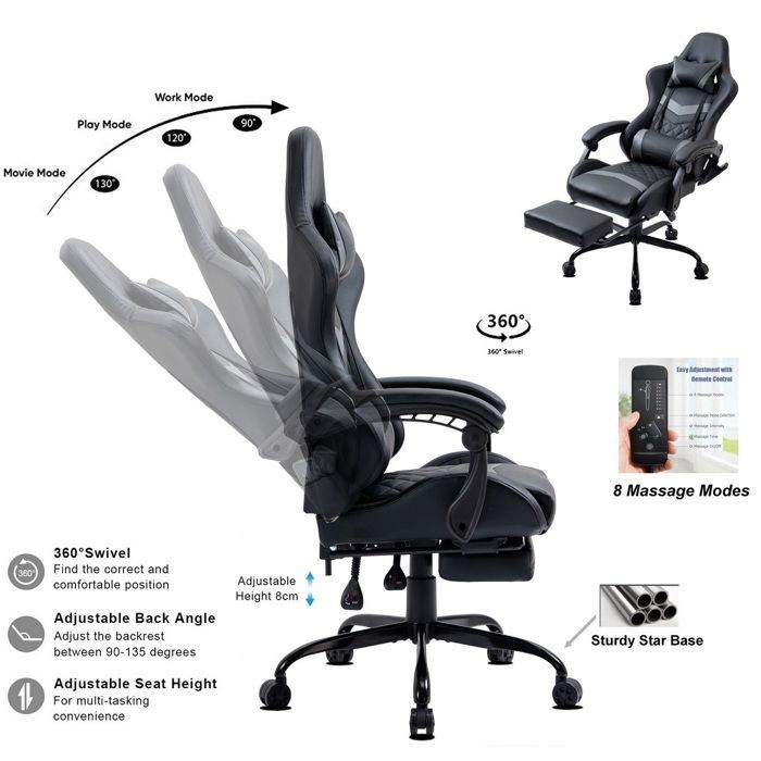 Ergonomische gamingstoel van kunstleer met voetensteun en 6-punts massage, verstelbare rugleuning, metalen onderstel, Delman Grey