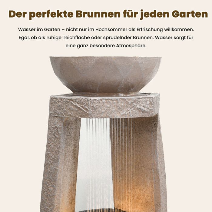 Fuente de jardín con iluminación LED - Aspecto de piedra natural - Bomba de agua integrada - Iluminación LED - 36,5 x 36 x 81,5 cm