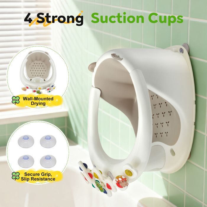 Seggiolino da bagno 2 in 1 per neonati con giocattoli, adatto dai 6 mesi, attacco ergonomico per vasca da bagno con 4 ventose antiscivolo
