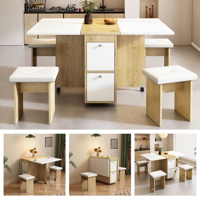 Essgruppe mit Tisch und 4 Stühlen – Weiß und Eiche – Ausziehbarer/Klapptisch 120 x 80 cm – Modernes Design – Multifunktional