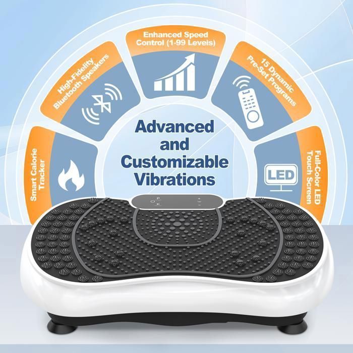 Plataforma vibratoria BIGZZIA, altavoces Bluetooth y cordón ajustable, 99 niveles, pantalla táctil LED, cuerda para saltar, color blanco.