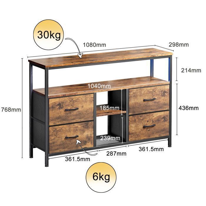 Aparador bajo de 4 cajones y 3 estantes con iluminación LED, ideal para sala de estar o como mueble para TV. Estructura metálica. Unidad de almacenamiento. Color marrón.