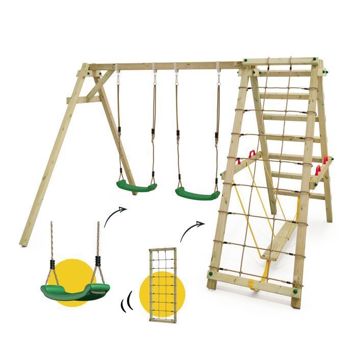WICKEY Smart Hike Doppelschaukel aus Holz in Grün mit Klettermodul und Balancierbalken – 10 Jahre Garantie*