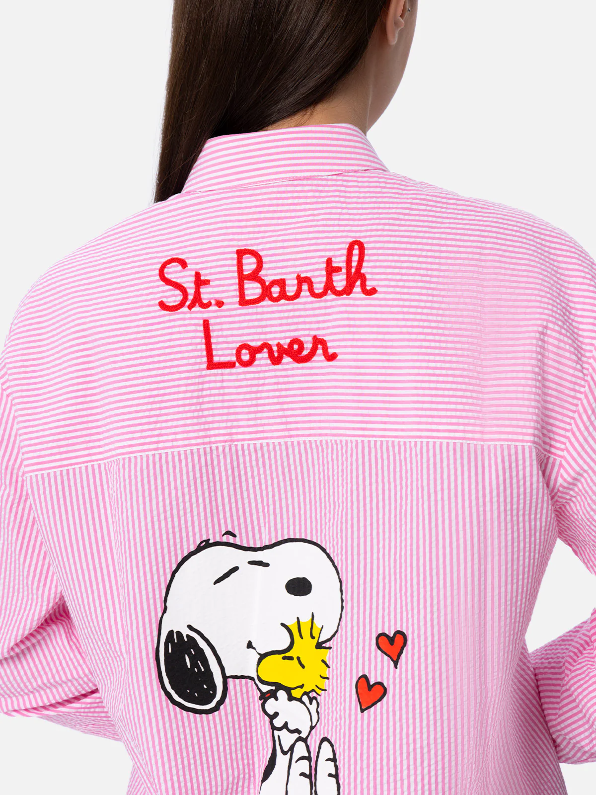 Woman Pink Striped Print Cotton Overshirt Brigitte | SNOOPY PEANUTS SPECIAL EDITION | Oversized | Mother-Of-Pearl Button-Down Collar | Logo Embroidery