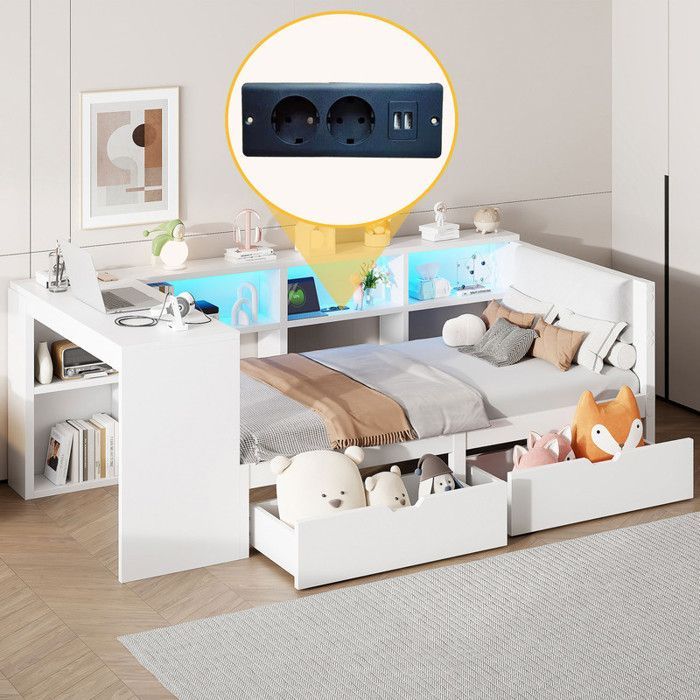 Letto combinato per bambini 90x200 cm - con 2 cassetti e stazione di ricarica - con luci LED colorate - bianco