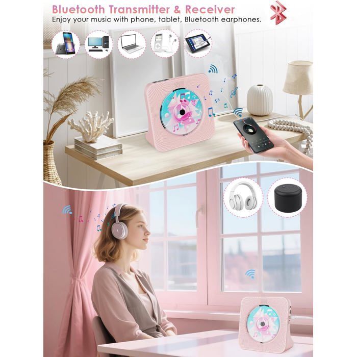 Lecteur CD Bluetooth avec Haut-Parleur Lecteur CD de Bureau Baladeur CD Lecteurs de CD avec Couvercle Anti-poussière [A1]