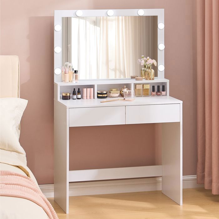 Coiffeuse, avec Miroir LED, avec Rangement, 2 Tiroirs et 3 Compartiments, Blanc