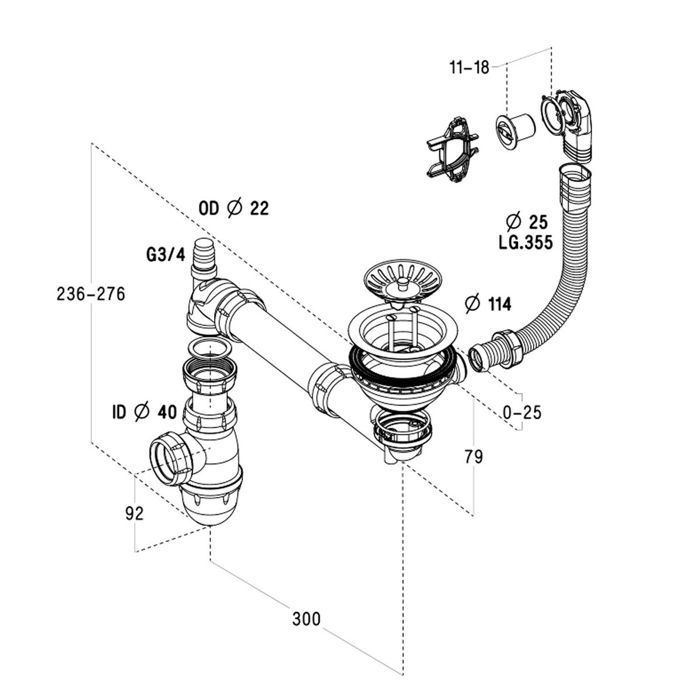 CUIPD123 single-bowl manual waste kit for CISTERNA and FELIX ceramic sinks - Space-saving siphon