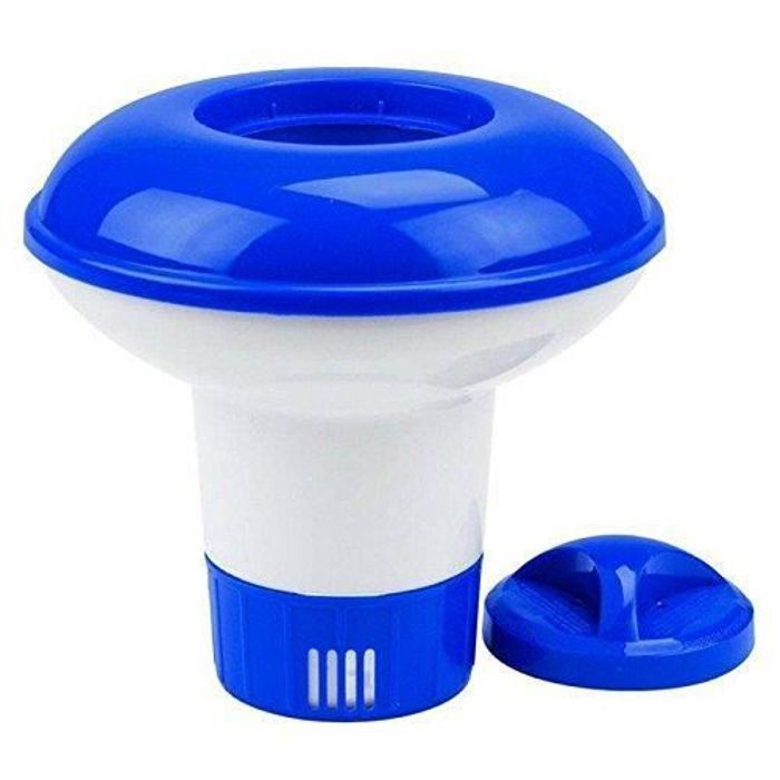 Dispensador de cloro flutuante grande azul para piscinas, spas e wakeboard.