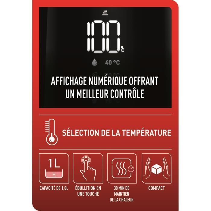 TEFAL KO854830 Bouilloire électrique 1 L, Intérieur acier inoxydable, 5 réglages de température, Maintien au chaud 30 min
