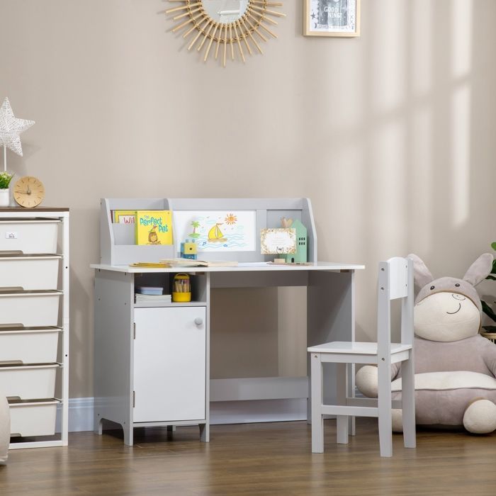 Ensemble table et chaise pour enfant - HOMCOM - avec tableau blanc - bureau pour enfant +5 ans 90L x 45l x 85H cm Gris
