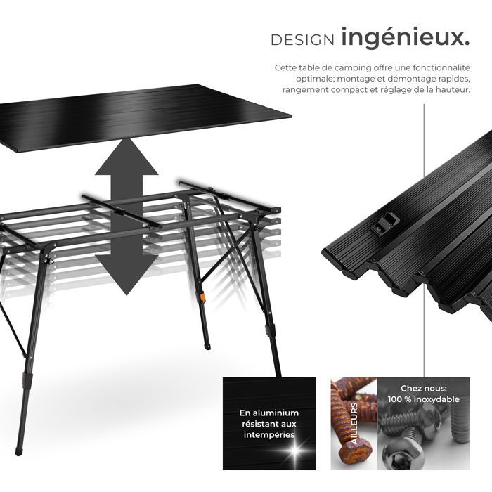 Mesa de camping - TECTAKE - Mesa plegable BASTIAN de aluminio resistente a la intemperie, altura regulable, 120x70,5x58-79cm - Negra