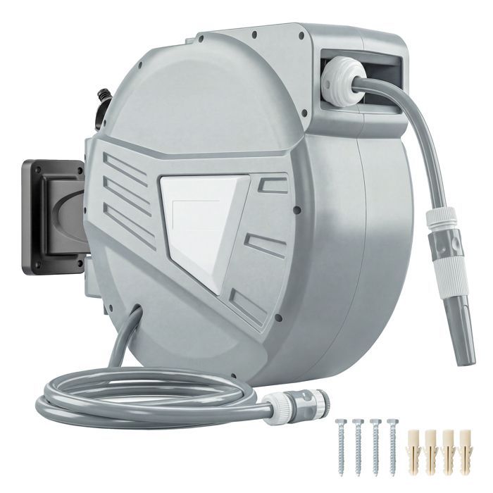Enrollador de manguera de pared - Outsunny - 30+2 m x Ø 15 mm - Retráctil automático, giro de 180° - Plástico - Gris