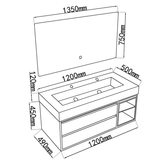Mueble de baño LuxuryBain de 120 cm con doble lavabo, acabado en madera y efecto mármol blanco, con espejo LED (LB-8512).